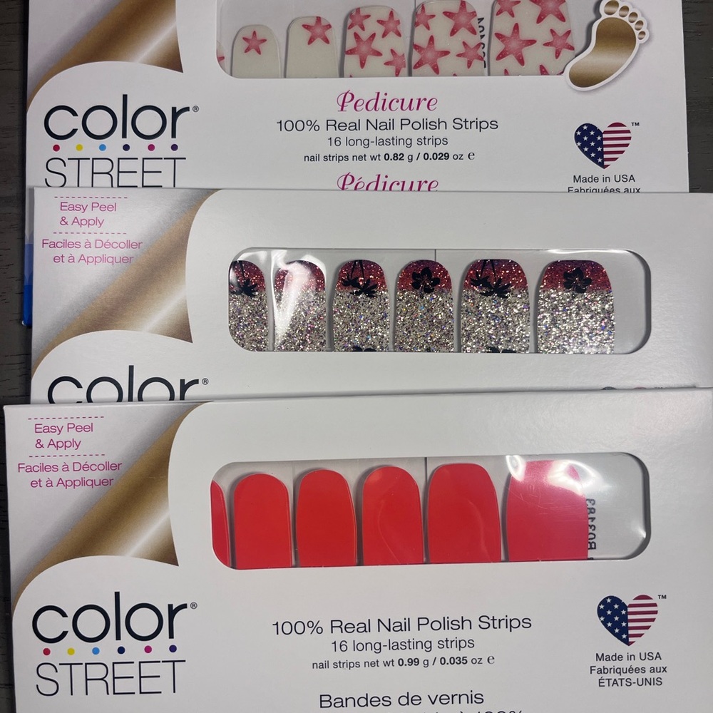 Color Street Nail Polish Strips - Glittering Silver, Bold Red, Soft Pink